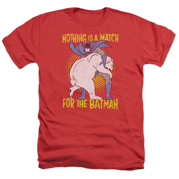 Red men's heather t-shirt with Batman Bear Wrastling graphic