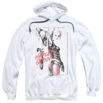 White pullover hoodie with Harley Quinn Batman Ink Wash Harley graphic