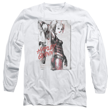 White men's long sleeve t-shirt with Harley Quinn Batman Ink Wash Harley graphic