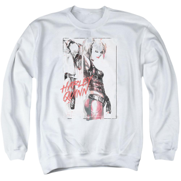White men's crewneck sweatshirt with Harley Quinn Batman Ink Wash Harley graphic