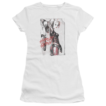 White juniors t-shirt with Harley Quinn Batman Ink Wash Harley graphic