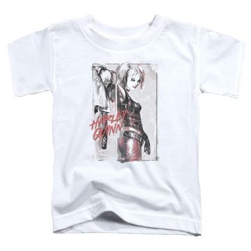 White kid's t-shirt for ages 4 to 7 with Harley Quinn Ink Wash Harley graphic