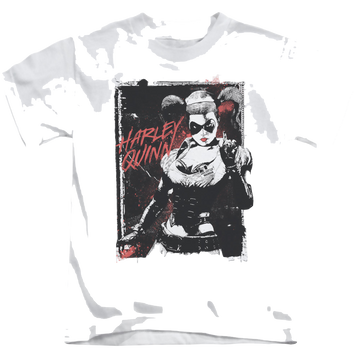 White kid's t-shirt for ages 4 to 7 with Harley Quinn House Call graphic