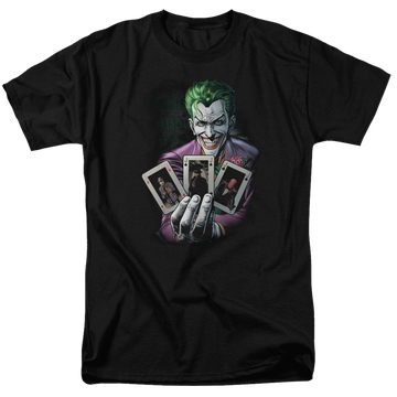 Black men's regular fit t-shirt with Joker Batman 3 Of A Kind graphic