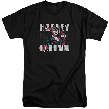 Black men's tall fit t-shirt with Harley Quinn Batman Harley Bold graphic