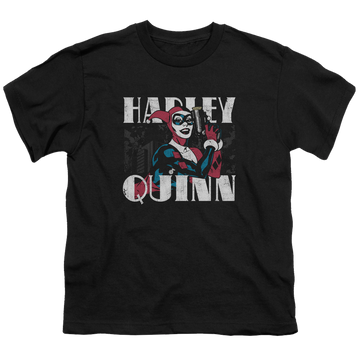 Black youth t-shirt for ages 8 to 12 with Harley Quinn Harley Bold graphic