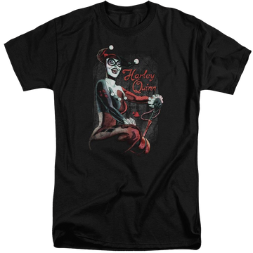Black men's tall fit t-shirt with Harley Quinn Batman Laugh It Up graphic
