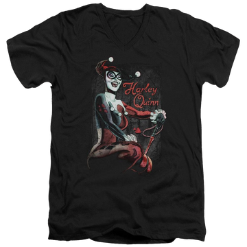 Black men's v-neck t-shirt with Harley Quinn Batman Laugh It Up graphic