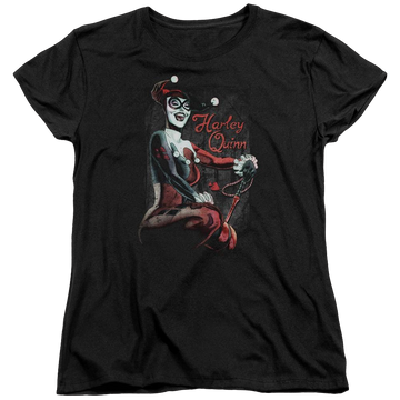 Black women's t-shirt with Harley Quinn Batman Laugh It Up graphic