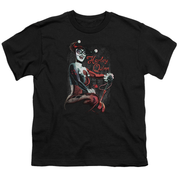 Black youth t-shirt for ages 8 to 12 with Harley Quinn Laugh It Up graphic