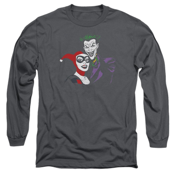 Charcoal men's long sleeve t-shirt with Harley Quinn Batman Joker & Harley graphic