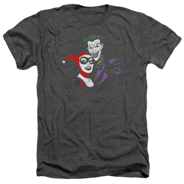 Charcoal men's heather t-shirt with Harley Quinn Batman Joker & Harley graphic