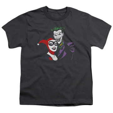 Charcoal youth t-shirt for ages 8 to 12 with Harley Quinn Joker & Harley graphic
