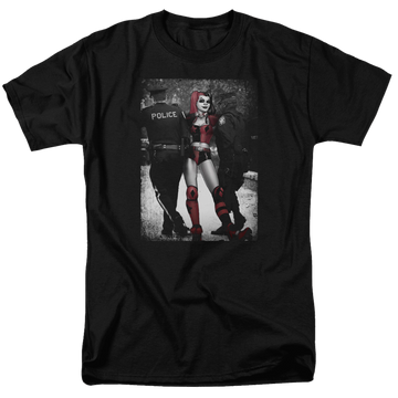 Black men's regular fit t-shirt with Harley Quinn Batman Arrest graphic