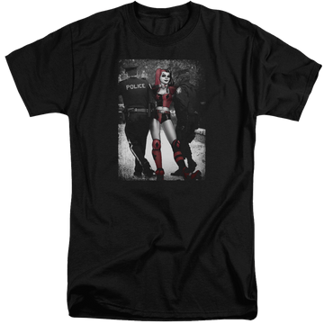 Black men's tall fit t-shirt with Harley Quinn Batman Arrest graphic