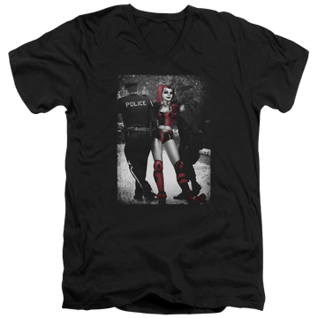 Black men's v-neck t-shirt with Harley Quinn Batman Arrest graphic