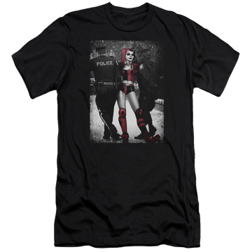Black men's premium slim fit t-shirt with Harley Quinn Batman Arrest graphic