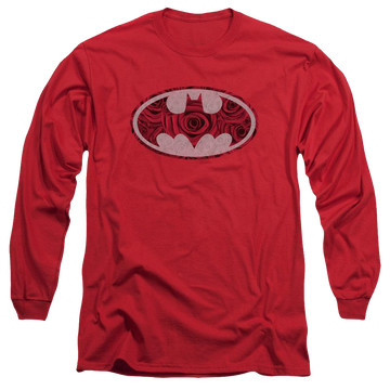 Red men's long sleeve t-shirt with Batman Rosey Signal graphic