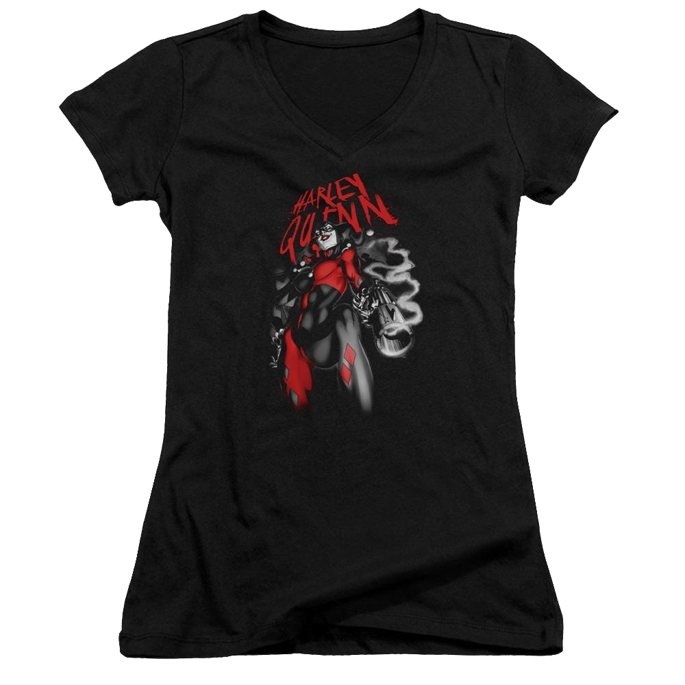 Batman Down The Barrel - Juniors V-Neck T-Shirt Juniors V-Neck T-Shirt Harley Quinn