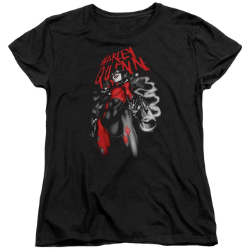 Black women's t-shirt with Harley Quinn Batman Down The Barrel graphic