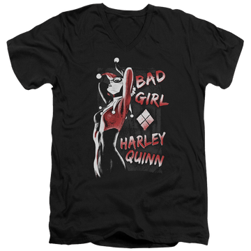 Black men's v-neck t-shirt with Harley Quinn Batman Bad Girl graphic