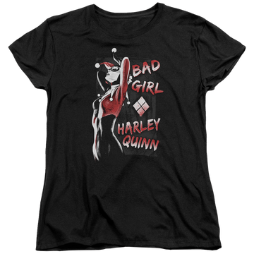 Black women's t-shirt with Harley Quinn Batman Bad Girl graphic