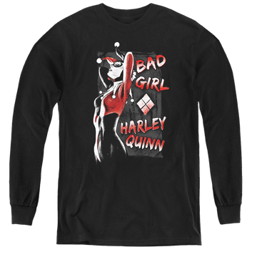 Black youth long sleeve t-shirt with Harley Quinn Bad Girl graphic