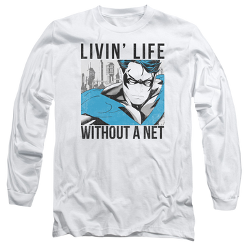White men's long sleeve t-shirt with Nightwing Batman Without A Net graphic