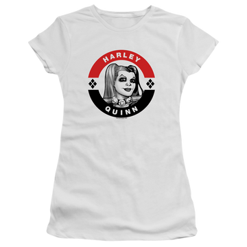 White juniors t-shirt with Harley Quinn Batman Harley President Circle graphic