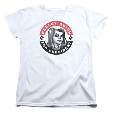 White women's t-shirt with Harley Quinn Batman Harley President Circle graphic