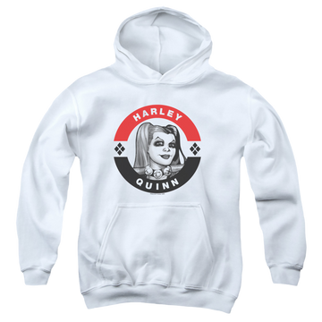 White youth hoodie for ages 8 to 12 with Harley Quinn Harley President Circle graphic