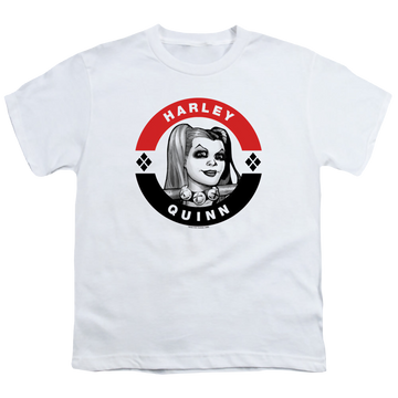 White youth t-shirt for ages 8 to 12 with Harley Quinn Harley President Circle graphic