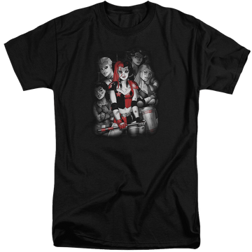 Black men's tall fit t-shirt with Harley Quinn Batman Bad Gals Bw graphic