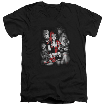 Black men's v-neck t-shirt with Harley Quinn Batman Bad Gals Bw graphic
