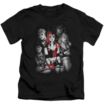 Black kid's t-shirt for ages 4 to 7 with Harley Quinn Bad Girls graphic