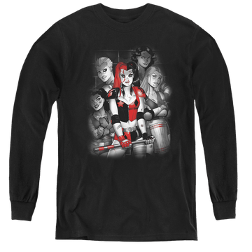 Black youth long sleeve t-shirt with Harley Quinn Bad Girls graphic