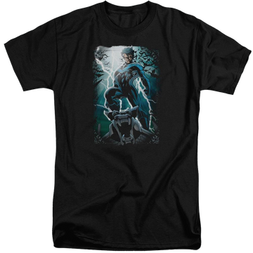 Black men's tall fit t-shirt with Nightwing Batman Night Light graphic