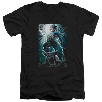 Black men's v-neck t-shirt with Nightwing Batman Night Light graphic
