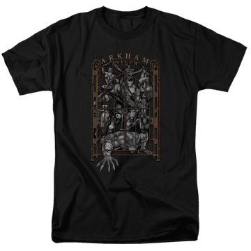 Black men's regular fit t-shirt with Batman Arkhams Gate graphic