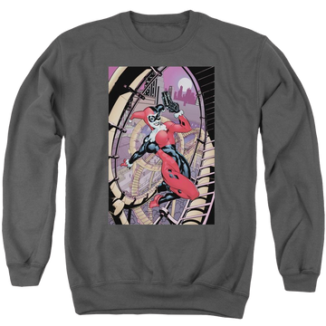 Charcoal men's crewneck sweatshirt with Harley Quinn Batman Harley First graphic