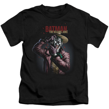 Black kid's t-shirt for ages 4 to 7 with Joker Killing Joke Camera graphic