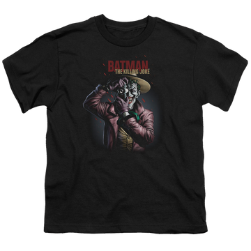 Black youth t-shirt for ages 8 to 12 with Joker Killing Joke Camera graphic