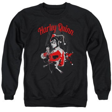 Black men's crewneck sweatshirt with Harley Quinn Batman Spring Gun graphic