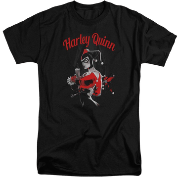 Black men's tall fit t-shirt with Harley Quinn Batman Spring Gun graphic
