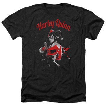 Charcoal men's heather t-shirt with Harley Quinn Batman Spring Gun graphic