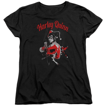 Black women's t-shirt with Harley Quinn Batman Spring Gun graphic