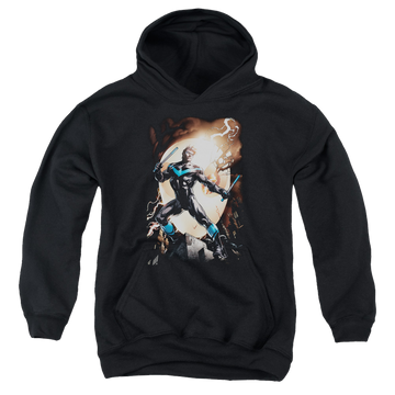 Black youth hoodie for ages 8 to 12 with Nightwing Against Owls graphic