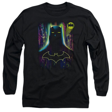 Black men's long sleeve t-shirt with Batman Knight Lights graphic