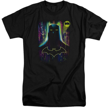 Black men's tall fit t-shirt with Batman Knight Lights graphic