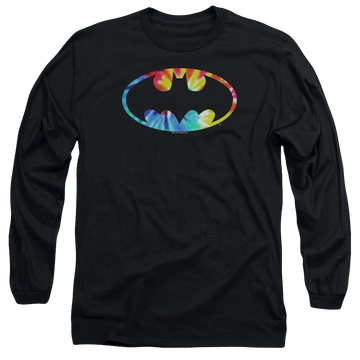Black men's long sleeve t-shirt with Tie Dye Batman Logo graphic